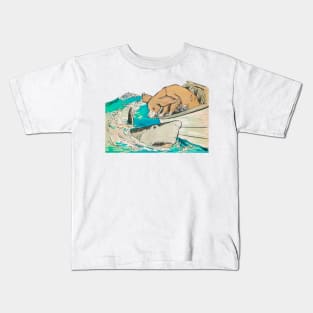 dog from a boat barks at shark vintage retro Kids T-Shirt